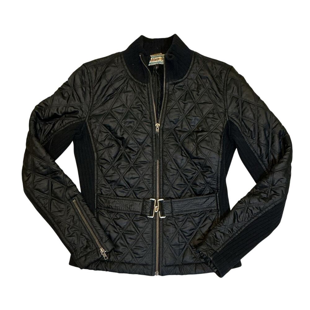 Allen B. Allen Schwartz Quilted‎ Belted Black Moto Jacket Coat Women's Small P